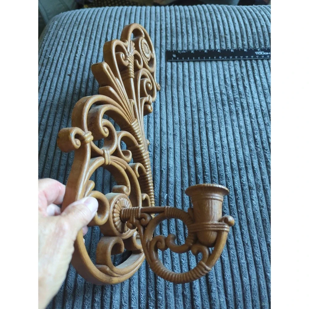 Vintage Syroco Wall Sconce 1970s Candle Holder Ornate Scrolling Tan